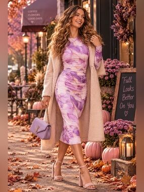 🛍️ Lavender Ruched bodycon watercolor evening maxi dress size medium
